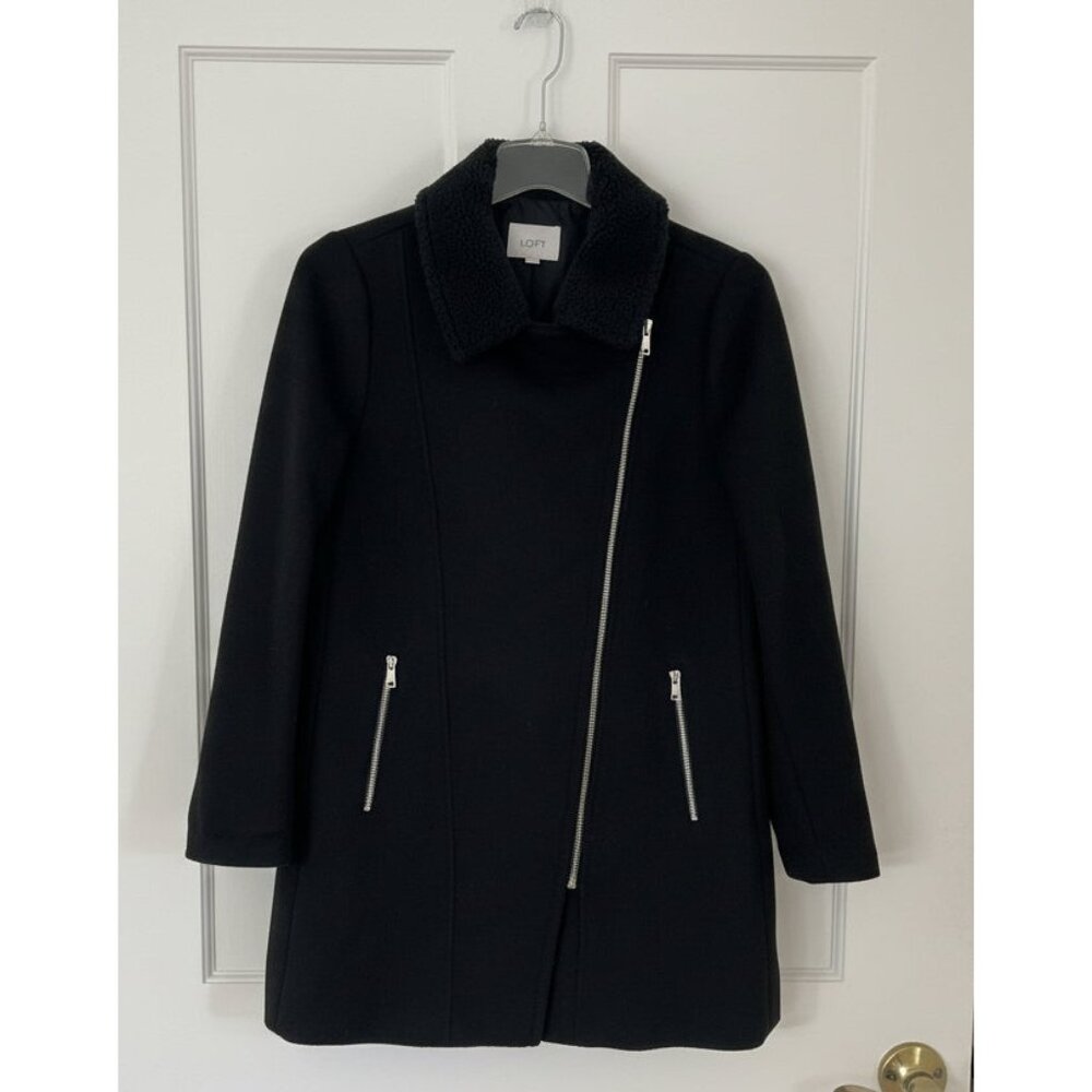 LOFT Black Asymmetrical Zip Wool Blend Jacket Coat‎ Medium Mid Length